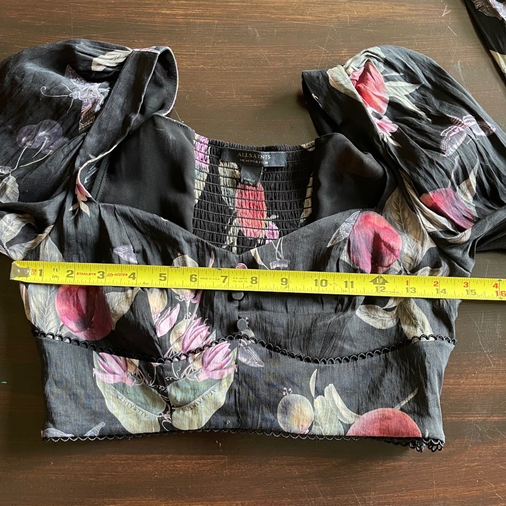 AllSaints Ria Soleil Top Black Garden Floral Linen Silk Crop Blouse US 6 UK 10 - Picture 8 of 9